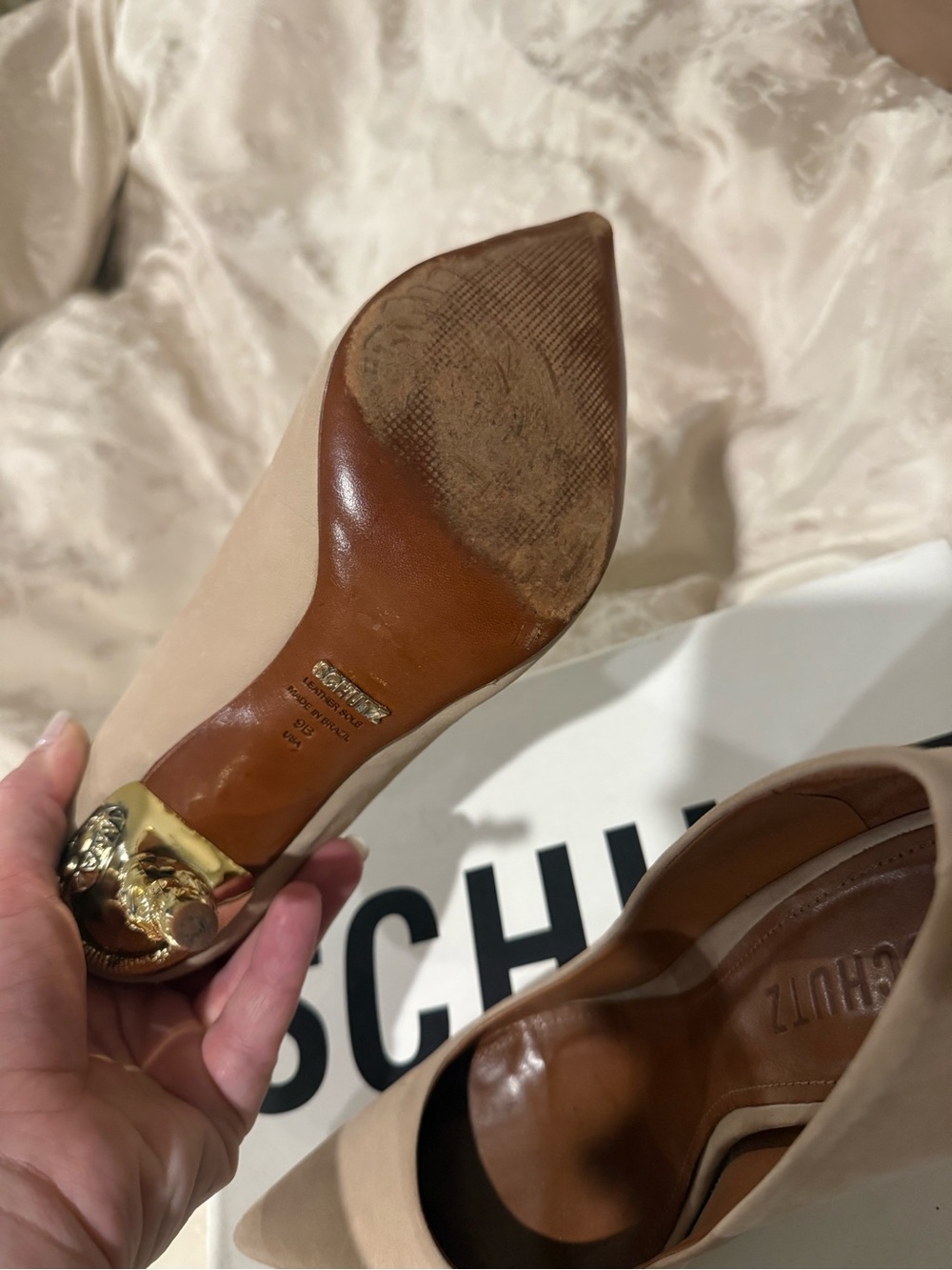 Shutz Beige Pointed Toe Pumps with Gold Heel Detail
